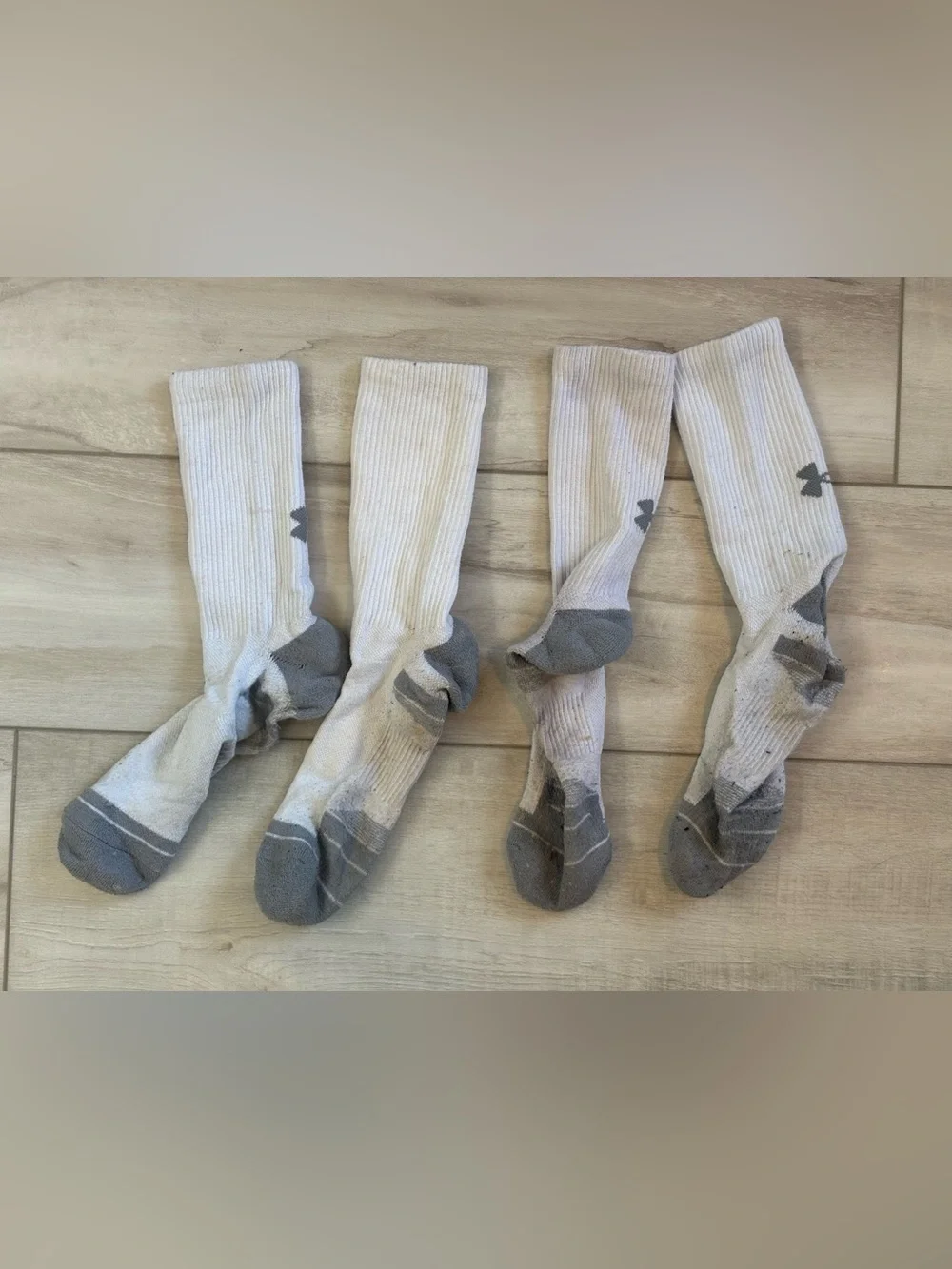 Used rank Under Armour White Crew Athletic Socks with Gray Accents